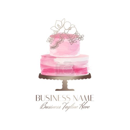 Illustration for Elegant Pink Cake Logo Design with Gold Flowers - Royalty Free Image
