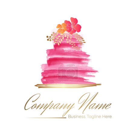 Illustration for Abstract Cake Bakery Logo Design in Bright Watercolor Brush Style and Gold Details - Royalty Free Image