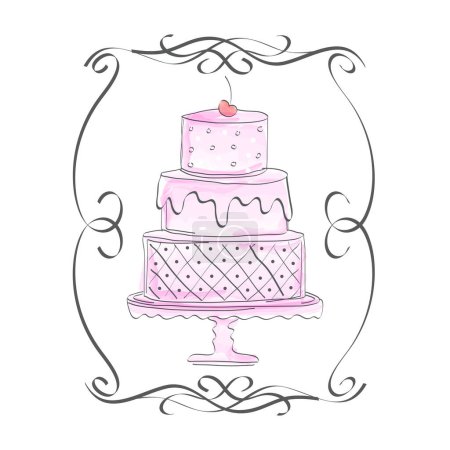 Illustration for Pink Watercolor Cake Illustration in Victorian Sketch Style and Cherry on Top - Royalty Free Image