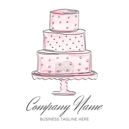 Illustration for Big Pink Watercolor Draft Style Cake Logo Design for Bakery - Royalty Free Image