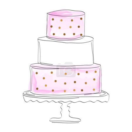 Illustration for Pink Watercolor Cake Illustration in Sketch or Draft Style with Gold Dots - Royalty Free Image