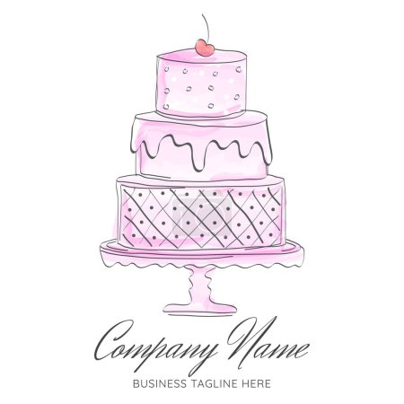 Illustration for Pink Watercolor Draft or Sketch Style Cake Logo Design for Bakery - Royalty Free Image