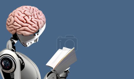 Illustration eines humanoiden kybernetischen Roboters mit einem großen organischen menschlichen Gehirnimplantat, der ein Buch liest und Daten vor einem schlichten blauen Hintergrund mit Kopierraum für Text sammelt - Generative AI