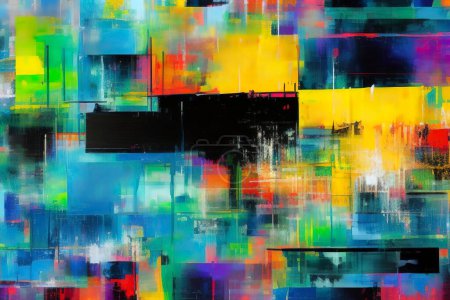 Téléchargez les photos : Une peinture abstraite colorée dans le style d'art contemporain de Jackson Pollock, avec des blocs de couleur vibrante - en image libre de droit