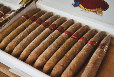 Téléchargez les photos : Gros plan d'une boîte de cigares cubains de marque Cuaba de qualité avec étiquette rouge - en image libre de droit