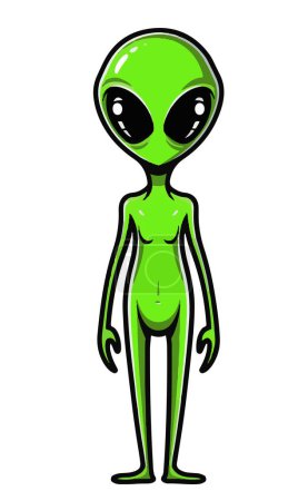 Front view of a tall, slim green-skinned alien with big head and bug eyes, standing and looking directly at the camera
