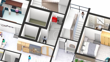 Photo for Isometric Blow up of an apartment interior showing vertical circulations fire exit bedroom and entry - Royalty Free Image