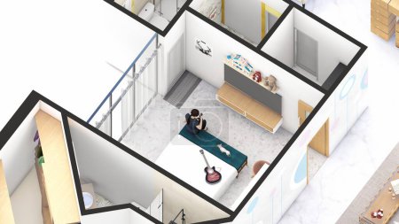 Photo for Isometric Blow up of an apartment interior showing bedroom with toys and pets - Royalty Free Image