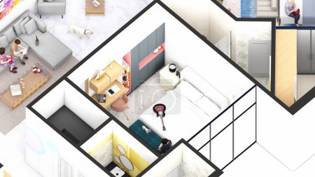 Photo for Isometric Blow up of an apartment interior showing bedroom family space toys and pets - Royalty Free Image