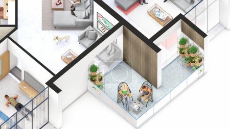 Photo for Isometric Blow up of an apartment interior showing family spaces and green terrace - Royalty Free Image