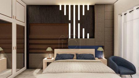 Photo for Realistic dark wooden bedroom interior with storage and backlight 3d rendering - Royalty Free Image
