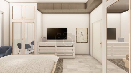 Photo for Realistic bedroom interior design with wooden furniture 3d rendering - Royalty Free Image