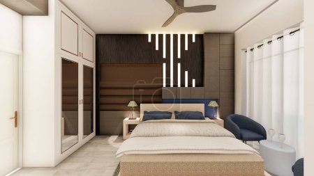 Photo for Realistic dark bedroom interior with wooden furniture 3d render - Royalty Free Image