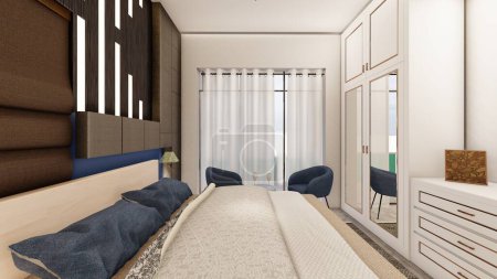 Photo for Realistic dark brown and blue bedroom interior with wooden furniture 3d rendering - Royalty Free Image