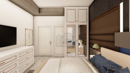 Photo for Realistic dark brown bedroom interior with wooden furniture 3d rendering - Royalty Free Image