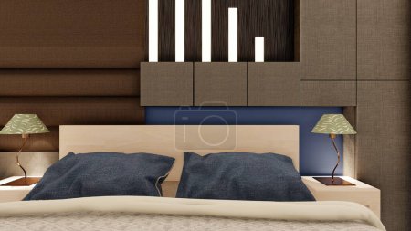 Photo for Realistic dark brown luxury bedroom interior with wooden furniture 3d rendering - Royalty Free Image