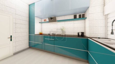 Foto de Gabinetes de diseño de interiores de cocina perspectiva realista cerca de visualización 3D - Imagen libre de derechos