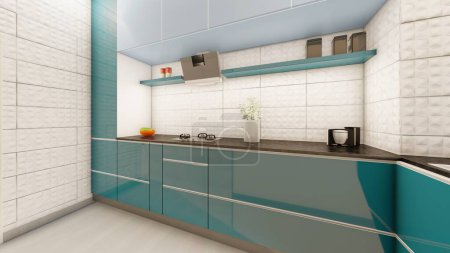 Foto de Perspectiva de cocina realista interior 3d renderizado - Imagen libre de derechos
