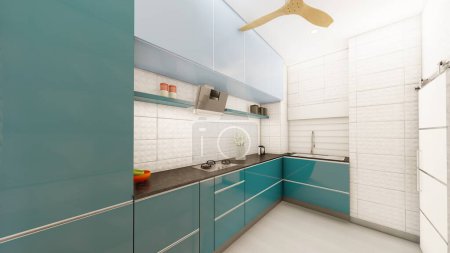 Foto de Cocina realista diseño de interiores 3d renderizado con gabinetes verde azulado - Imagen libre de derechos