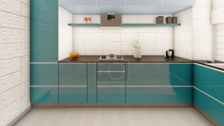 Foto de Visualización realista del diseño interior de la cocina con gabinetes verdes azulados - Imagen libre de derechos