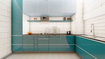 Foto de Cocina 3d visualización en verde azulado y esquema blanco - Imagen libre de derechos