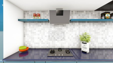 Foto de Teal gabinete de cocina verde y azul con estantes 3d renderizado - Imagen libre de derechos