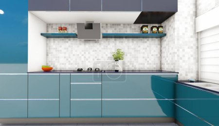 Foto de Teal verde y azul cocina 3d renderizado - Imagen libre de derechos