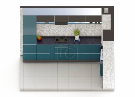 Foto de Teal gabinete de cocina verde y gris visualización 3D isométrica - Imagen libre de derechos