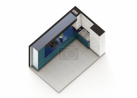 Foto de Teal verde y gris gabinete de cocina visualización isométrica - Imagen libre de derechos