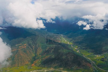 Foggy Mountain peak scenic countryside landscape of Paro valley in Bhutan