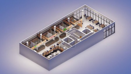 Axonometric 3d rendering interior design of a food hall