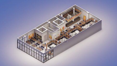 Isométrico 3d renderizado diseño de interiores de un patio de comidas