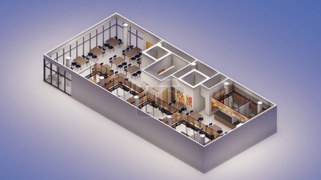 Isométrico 3d diseño de interiores de una sala de alimentos