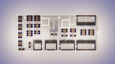 Isometric interior 2d floor plan 3d rendering of a fully furnished food court