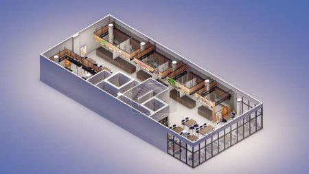 Isométrico diseño de interiores de un patio de comidas 3d renderizado