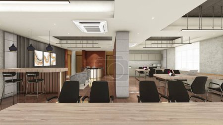 Photo for Interior design of office space with false ceiling and wood panels 3d visualization - Royalty Free Image