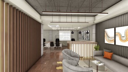 Innengestaltung von Büroräumen mit Zwischendecke und Holzpaneelen 3D-Visualisierung