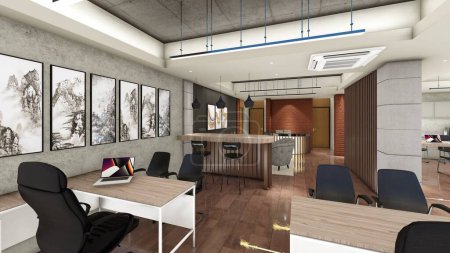 Diseño interior de espacio de oficina con falso techo y paneles de madera visualización 3d