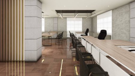 Diseño interior de espacio de oficina con falso techo y paneles de madera visualización 3d