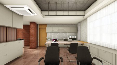 Innengestaltung von Büroräumen mit Zwischendecke und Holzpaneelen 3D-Visualisierung