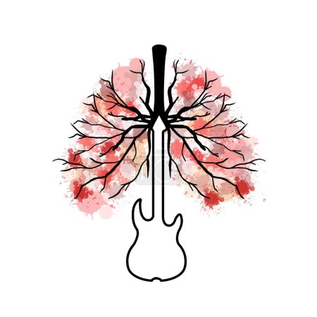 Téléchargez les illustrations : Aquarelle Anatomie pulmonaire saine et illustration conceptuelle de guitare - en licence libre de droit