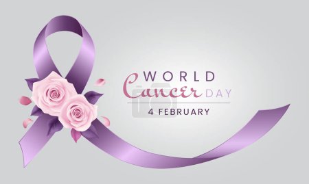 Ilustración de Día Mundial del Cáncer, 4 de febrero con cinta púrpura y rosas rosadas en segundo plano - Imagen libre de derechos