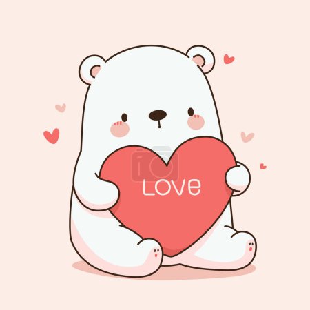 Ilustración de Lindo personaje de mascota de dibujos animados de oso blanco con corazón de San Valentín y texto Love, Vector Illustration - Imagen libre de derechos