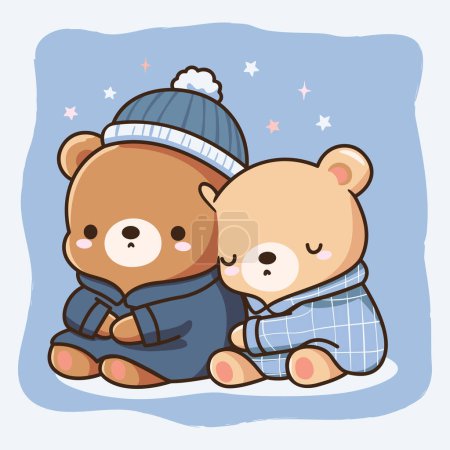 Téléchargez les illustrations : Deux ours de dessin animé mignons blottis ensemble, se réchauffant, portant un manteau et un pyjama, avec des étoiles - en licence libre de droit