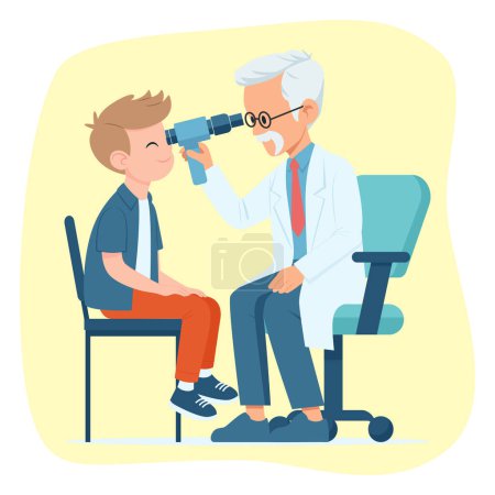 Illustration for Pediatric Ophthalmologist and Child Patient, Elderly Male Eye Doctor Examining Boy Eyes with Ophthalmoscope in Doctor's Clinic, Cartoon Vector Flat Illustration - Royalty Free Image