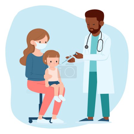 Illustration for Black Male Doctor Giving Little Girl Patient an Injection as She Sits with Mother, Cartoon Vector Flat Illustration - Royalty Free Image