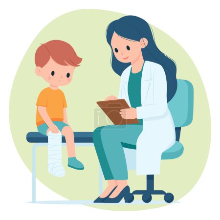 Illustration for Orthopedic cast of a Little Boy Patient, Doctor Examining Leg Cast of Boy Child Patient, Cartoon Vector Flat Illustration - Royalty Free Image