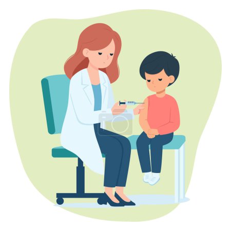 Illustration for Female Doctor Giving Boy Child Patient an Injection, Cartoon Vector Flat Illustration - Royalty Free Image