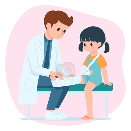 Illustration for Orthopedic Cast of a Little Girl Patient, Doctor Putting on Plaster Cast to Girl Child Patient, Cartoon Vector Flat Illustration - Royalty Free Image