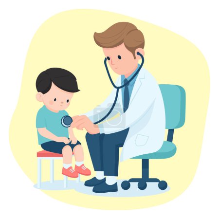 Ilustración de Pediatra y paciente infantil, médico masculino examinando niño pequeño con estetoscopio, ilustración plana del vector de la historieta - Imagen libre de derechos
